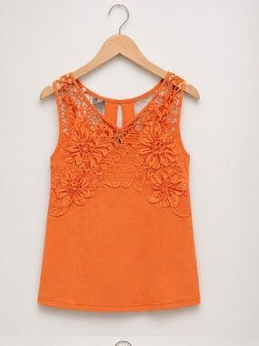 Free People Orange Floral Lace Embroidered Cropped Sleeveless Tank Top M